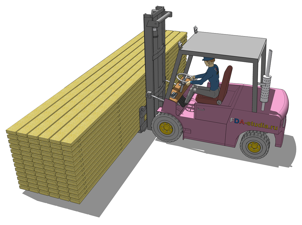 3D визуализация перевозки погрузчиком штабеля пиломатериалов