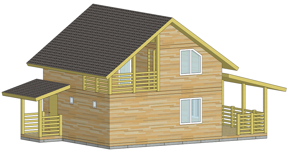 3D вид деревянного дома в 1,5 этажа