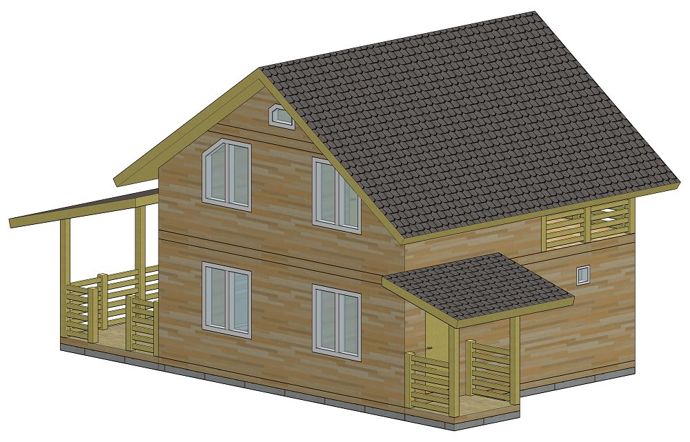 Каркасный деревянный дом с мансардой. 3D модель с размерами