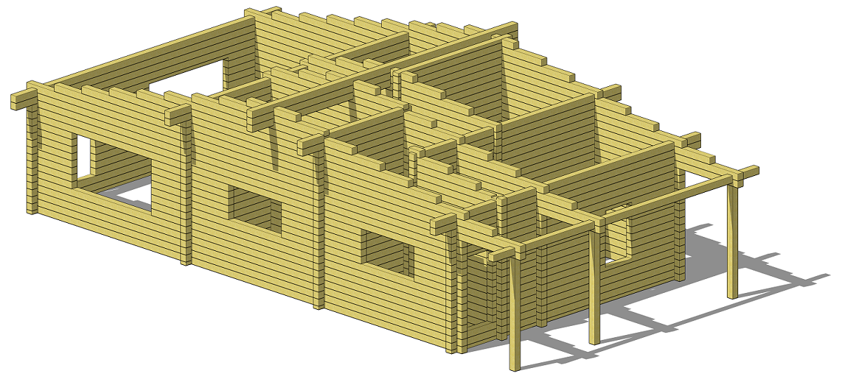 3D модель брусового каркаса дома 18х9 метров