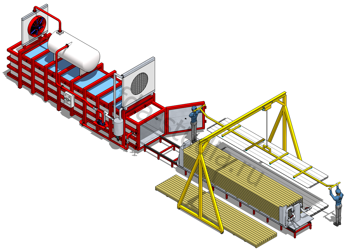 3D визуализация лесосушилки WDE PRESS XL6 с процессом перемещения нагревательных пластин
