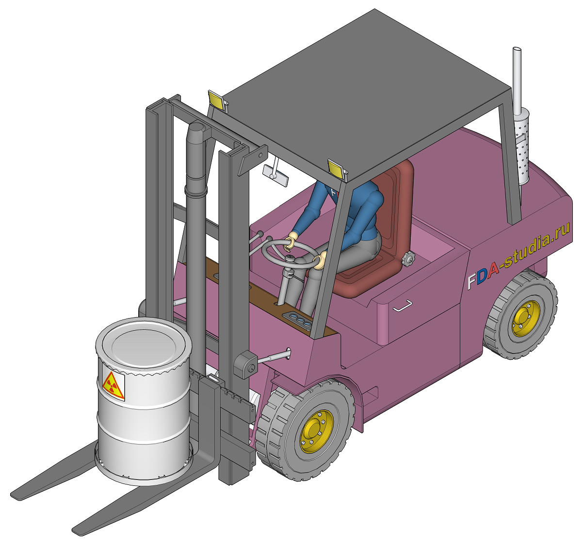 3D визуализация перевозки 200 литровой бочки вилочным погрузчиком