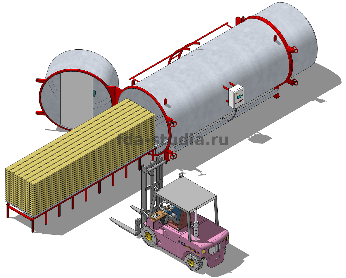 Загрузка вакуумной лесосушилки вилочным погрузчиком