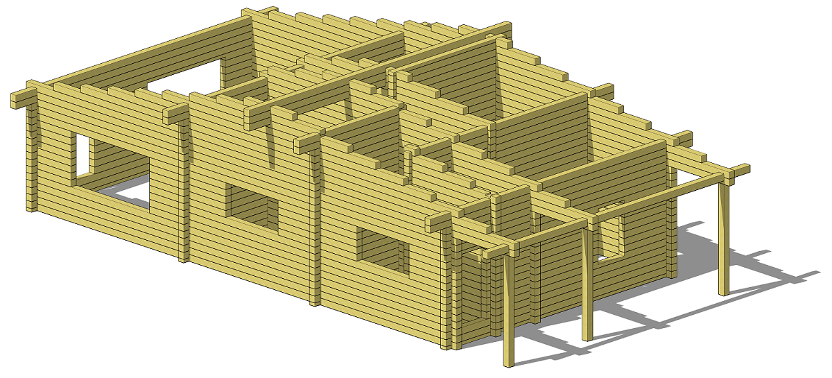 3D модель каркаса дома из бруса 18х9 метров