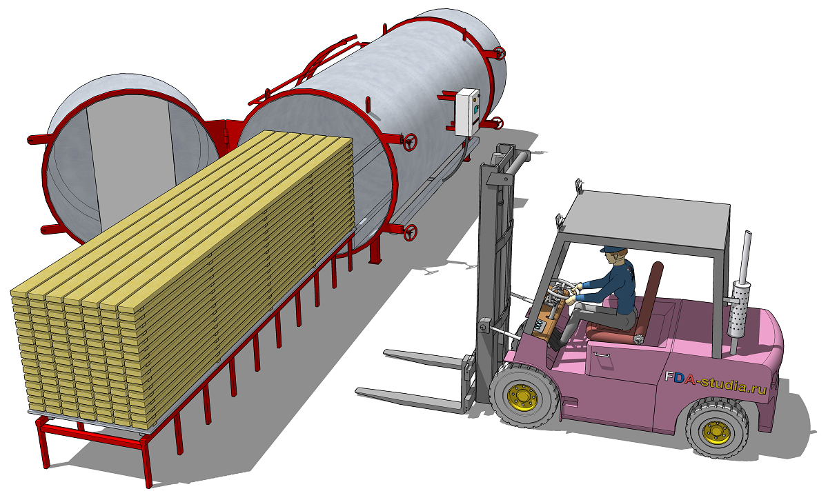 Загрузка вакуумной лесосушилки вилочным погрузчиком рисунок, изображение